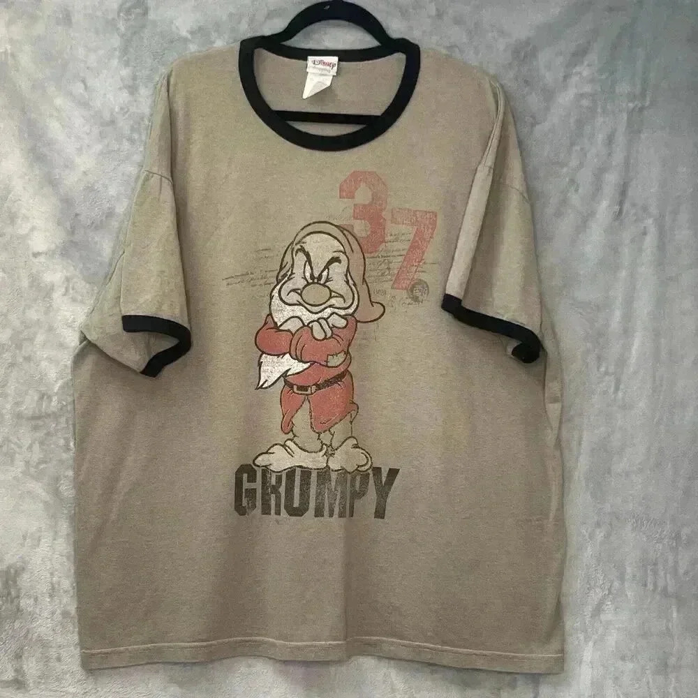 Vintage Grumpy Seven Dwarfs Disney Men's Ringer‎ T-shirt SZ XXL Tan